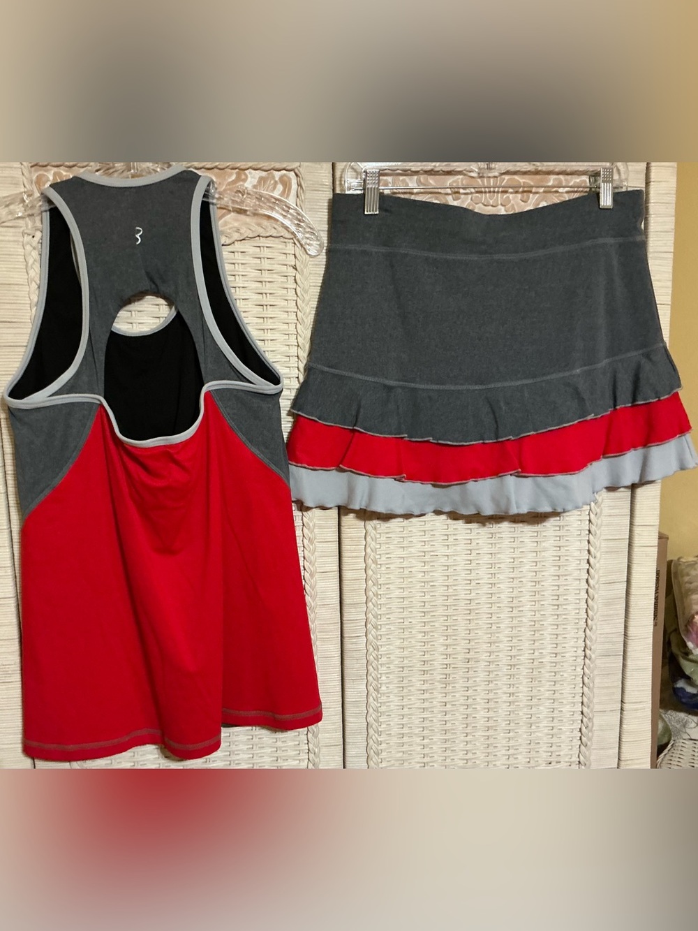TENNIS/PICKLEBALL. Women’s Gray & Red Active Skirt Set with Ruffle Hem - - Picture 2 of 2